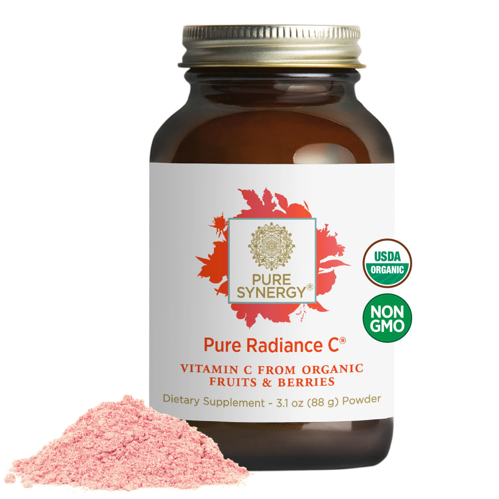 Pure Radiance C bottle on countertop highlighting daily antioxidant support