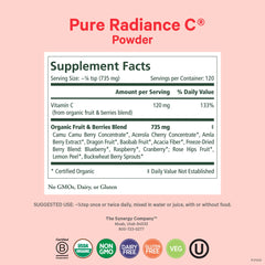 Scoop of Pure Radiance C powder shows 120 mg whole-food vitamin C per serving