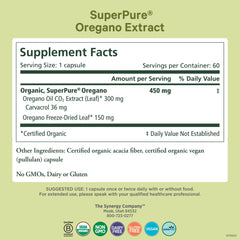 PURE SYNERGY oregano capsules pack offers convenient daily use for gut and respiratory wellness.