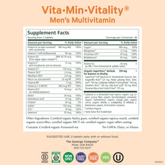 Pure Synergy Vita-Min-Vitality label closeup highlighting organic whole foods.