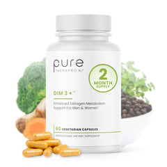 Pure Therapro Rx DIM 3+ bottle front, suggesting hormone balance and antioxidant support