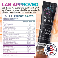 Pure Tribe Hydrate Balance packaging front showing single-serve electrolyte sticks.