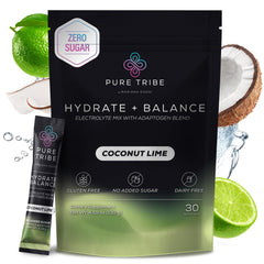 PURE TRIBE Hydrate + Balance packets packaging for convenient, sugar-free hydration on the go