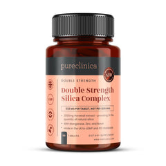 PureClinica Double Strength Silica Tablets showing natural silica from horsetail for joints and skin support.