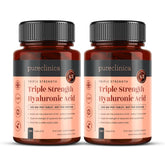 PureClinica hyaluronic acid bottle front showing 12-month supply and triple strength formula.