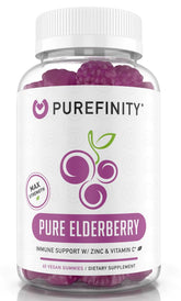 PUREFINITY Elderberry Gummies bottle shows 60-count packaging for convenient daily use.