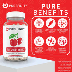 PUREFINITY raw tart cherry extract visual emphasizes potent polyphenols and natural antioxidants.