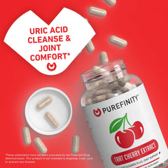 PUREFINITY Tart Cherry Capsules label closeup highlights vegan, gluten-free formulation for daily use.