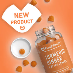 PUREFINITY Turmeric Ginger Gummies closeup of peach-flavored soft gummies