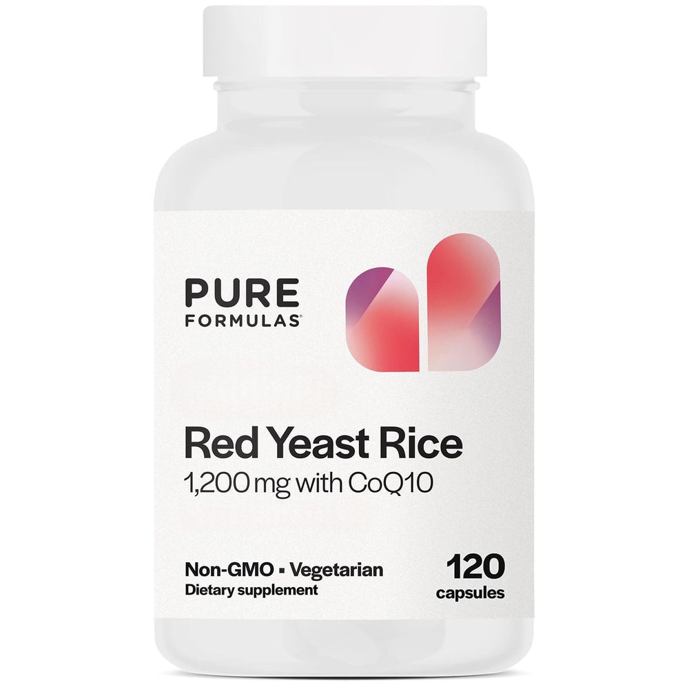 PureFormulas red yeast rice bottle showing 1200 mg per serving for daily wellness.