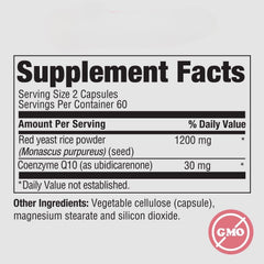Close-up of PureFormulas red yeast rice with CoQ10 capsules.