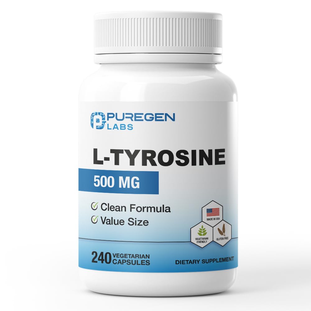 Puregen Labs L-Tyrosine 500 mg capsules front view for daily wellness support.