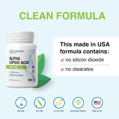 Puregen Labs Alpha Lipoic Acid label detail emphasizes non-GMO and USA-made quality.