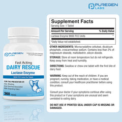 Puregen Labs Dairy Relief tablets close-up for lactose digestion support.