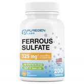 Puregen Labs Ferrous Sulfate bottle front view showing high potency iron for daily red blood cell support.