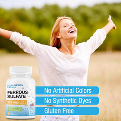 Gluten-free and dye-free formulation highlighted on Puregen Labs Ferrous Sulfate label.
