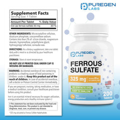 Puregen Labs Ferrous Sulfate label close-up highlighting 65 mg elemental iron per tablet.