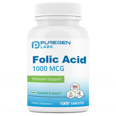 Puregen Labs Folic Acid 1000 mcg tablets bottle for daily prenatal nutrition support.