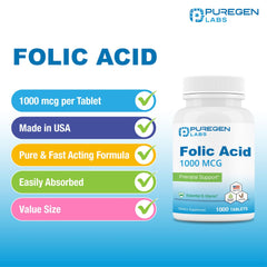 Puregen Labs Folic Acid 1000 mcg tablets packaging highlights gluten-free and non-GMO claims.