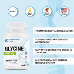 Puregen Labs Glycine 1000mg bottle label focusing on non-GMO and gluten-free ingredients