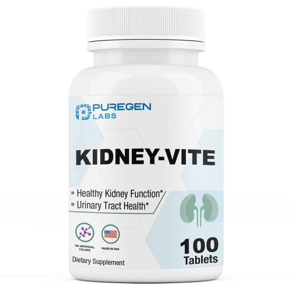 Puregen Labs Kidney-Vite bottle front promotes kidney support for daily wellness.