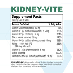 Close-up of Kidney-Vite label emphasizes gluten-free, non-GMO formulation.