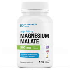 Puregen Labs Magnesium Malate 500mg bottle front view, high potency magnesium supplement.