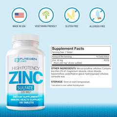 Puregen Labs Zinc Sulfate 220mg bottle back label with usage directions for immune support