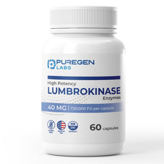 Puregen Labs Lumbrokinase bottle shows 40 mg potency and gluten-free badge.