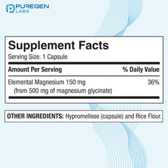Puregen Magnesium Glycinate 500mg bottle shows high potency capsules for convenient use.