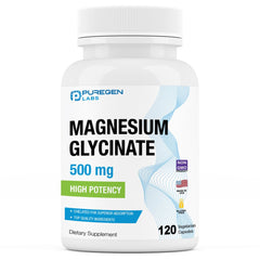 Puregen Magnesium Glycinate 500mg capsules in bottle for daily wellness.