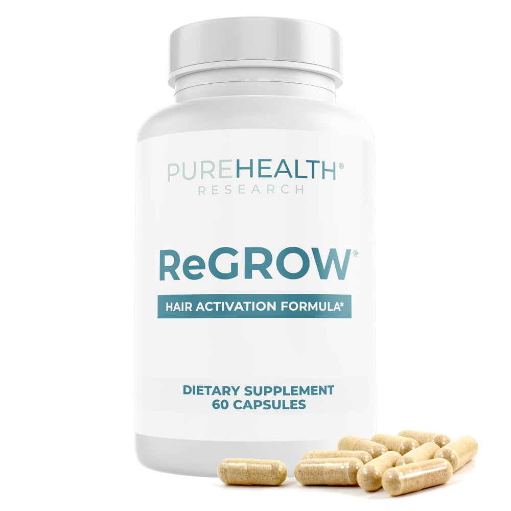 PureHealth Research ReGrow capsules on display support hair growth.