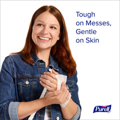 Purell fragrance-free wipes with soft texture gentle on skin during frequent use.