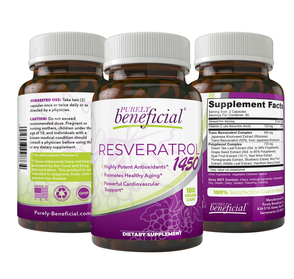 PURELY beneficial RESVERATROL1450 bottle highlighting antioxidant-rich formula for daily support