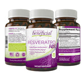 PURELY beneficial RESVERATROL1450 bottle highlighting antioxidant-rich formula for daily support