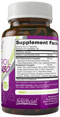 PURELY beneficial RESVERATROL1450 ingredients list shows natural antioxidant blend for wellness