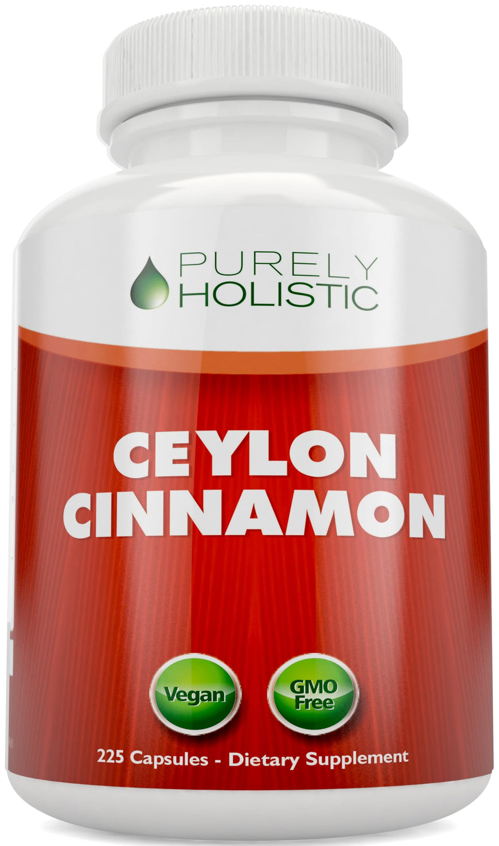 Purely Holistic Ceylon Cinnamon Capsules bottle showing vegan 225-capsule supply