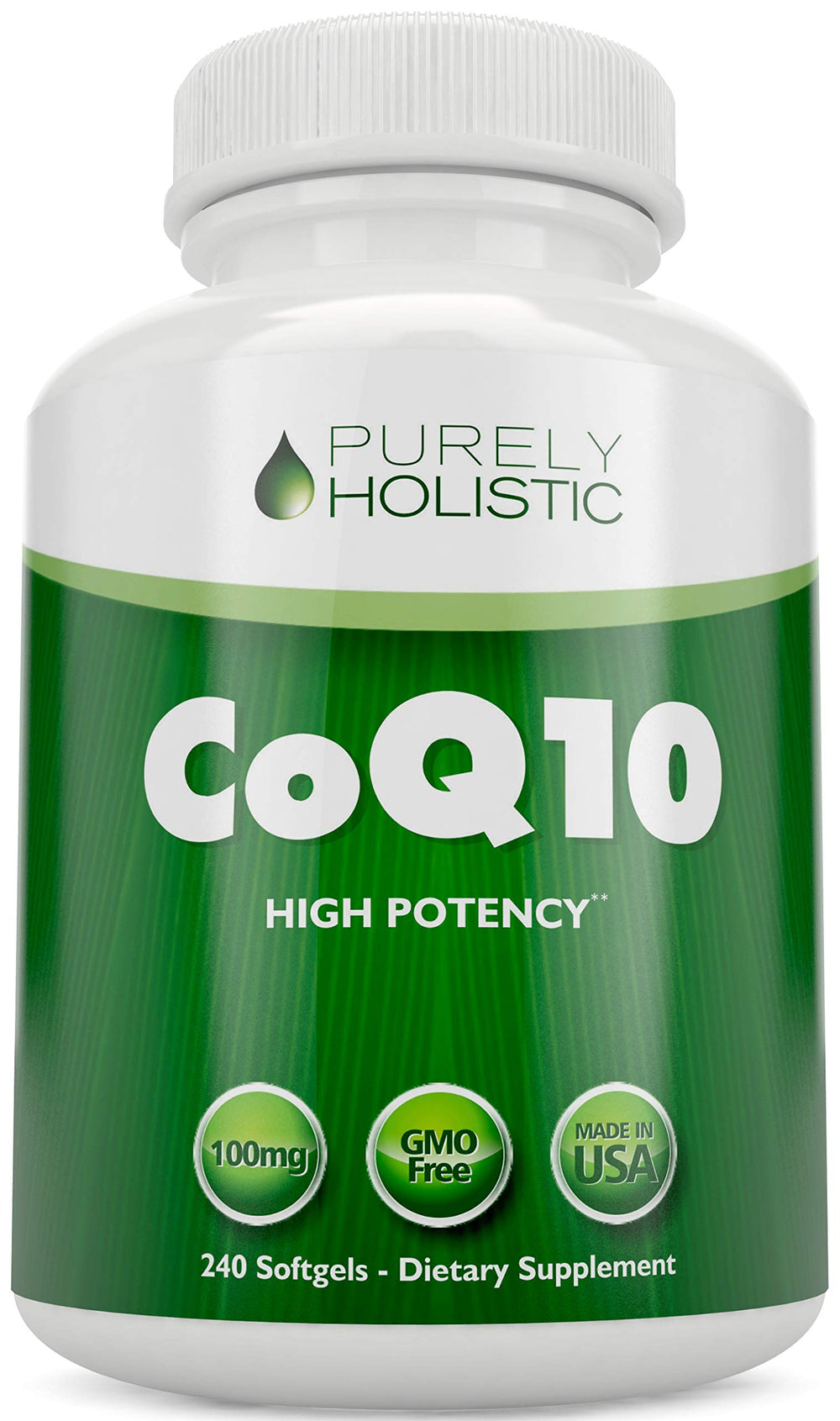 Purely Holistic CoQ10 bottle closeup for daily energy support.