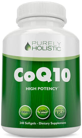 Purely Holistic CoQ10 bottle closeup for daily energy support.