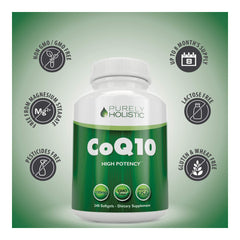 Purely Holistic CoQ10 label detail shows 100 mg potency.