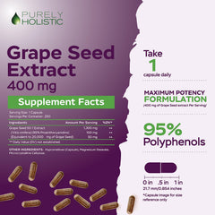 Purely Holistic Grape Seed Extract capsules close-up highlighting vegan, non-GMO formula