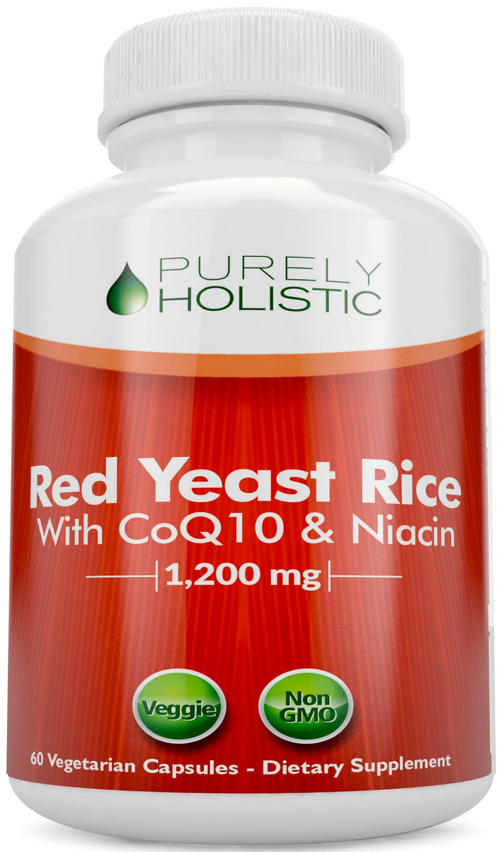 Purely Holistic red yeast rice bottle with CoQ10 and Niacin for daily support.