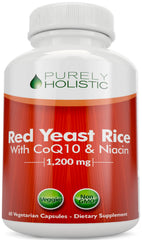Purely Holistic red yeast rice bottle with CoQ10 and Niacin for daily support.