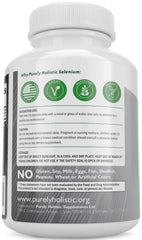Purely Holistic Selenium 200mcg capsules closeup highlights vegan, easy-to-swallow capsules.