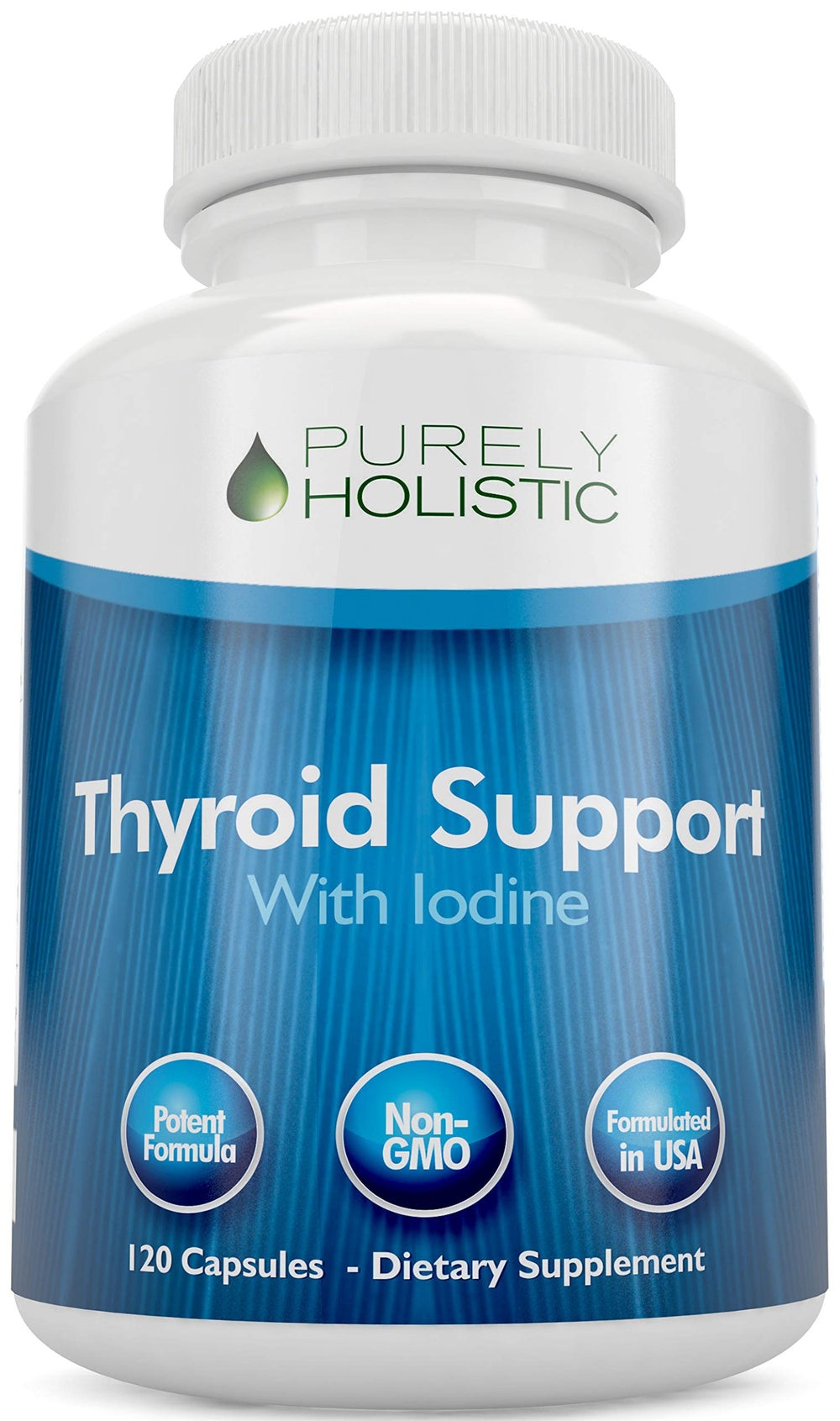 Purely Holistic Thyroid Support bottle front for daily wellness with 120 capsules.