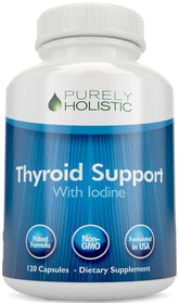 Purely Holistic Thyroid Support bottle front for daily wellness with 120 capsules.