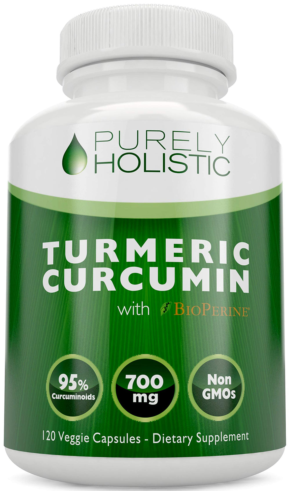 Purely Holistic Turmeric Curcumin bottle front, vegan capsules for daily wellness.