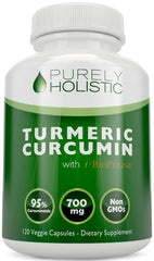 Purely Holistic Turmeric Curcumin bottle front, vegan capsules for daily wellness.