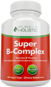 Purely Holistic Vitamin B Complex bottle front highlights full-spectrum blend for daily energy balance.