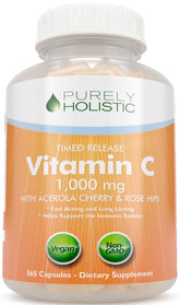 Purely Holistic Vitamin C bottle and capsules for daily immune support.